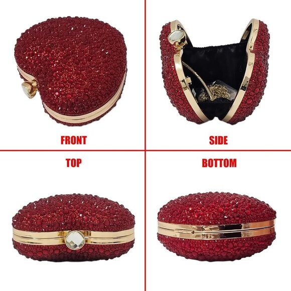 🆕Women Red Rhinestone Heart Shape Mini Clutch Purse Wedding Handbag Party Bag - Picture 2 of 7